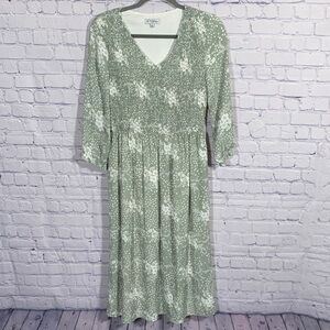 Polagram Midi Dress Floral Smocked Top Long Sleeve Green Size S Cottagecore